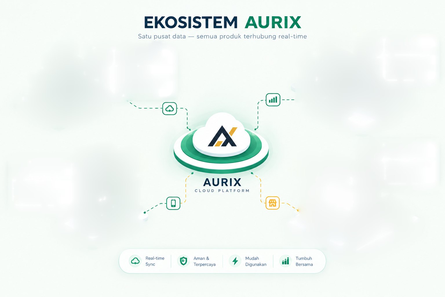 Ekosistem AURIX: AURIX Cloud di tengah terhubung ke AURIX POS, AURIX Mobile, AURIX Server, dan Commerce Hub (Shopee & TikTok Shop)