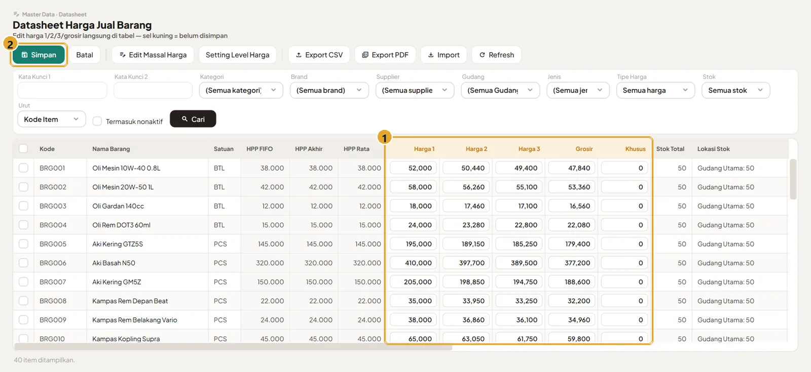 Datasheet harga jual barang