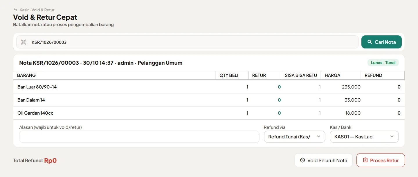 Layar void dan retur cepat